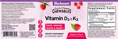Bluebonnet EarthSweet Chewables Vitamin D3 & K2 Raspberry Flavor source label used in the packaging illustration