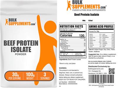 BulkSupplements.com Beef Protein Isolate Powder 30 g source label used in the packaging illustration