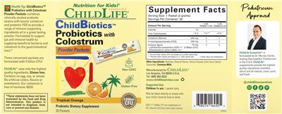 ChildLife Essentials ChildBiotics Probiotics with Colostrum Powder Packets Tropical Orange product packaging