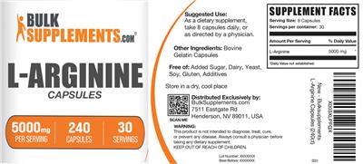 BulkSupplements.com L-Arginine Capsules 5000mg source label used in the packaging illustration