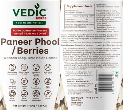 Vedic Herbs Paneer Phool / Berries source label used in the packaging illustration