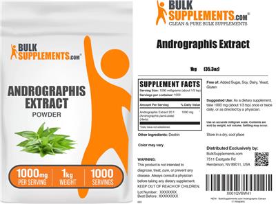 BulkSupplements.com Andrographis Extract Powder 1000 mg source label used in the packaging illustration