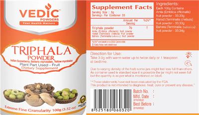 Vedic Powders Triphala Powder source label used in the packaging illustration