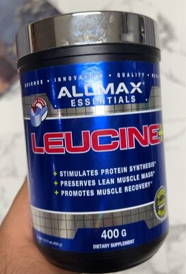 ALLMAX Leucine+ source label used in the packaging illustration