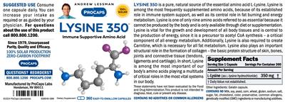 ProCaps Lysine 350 source label used in the packaging illustration