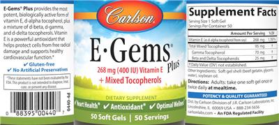 Carlson E-Gems Plus 268 mg (400 IU) source label used in the packaging illustration