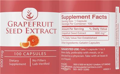 Pure Original Ingredients Grapefruit Seed Extract 600 mg source label used in the packaging illustration