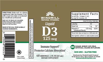 Windmill Natural Vitamins Liquid D3 125 mcg source label used in the packaging illustration