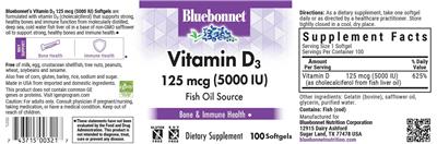 Bluebonnet Vitamin D3 125 mcg (5000 IU) source label used in the packaging illustration