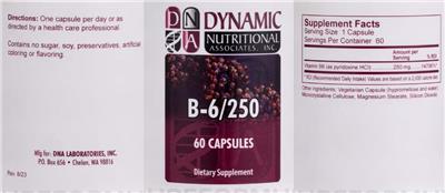 DNA Dynamic Nutritional Associates B-6/250 source label used in the packaging illustration