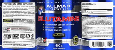 ALLMAX ESSENTIALS Glutamine source label used in the packaging illustration