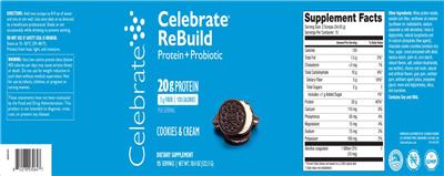 Celebrate Celebrate ReBuild Cookies & Cream source label used in the packaging illustration