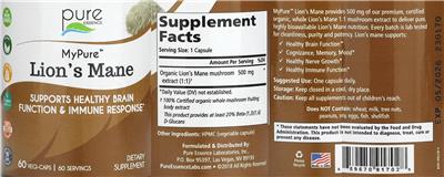 Pure Essence MyPure Lion's Mane source label used in the packaging illustration