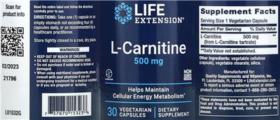 Life Extension L-Carnitine 500 mg product packaging