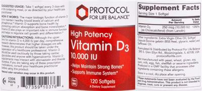Protocol For Life Balance High Potency Vitamin D3 10000 IU source label used in the packaging illustration