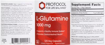 Protocol For Life Balance L-Glutamine 1000 mg source label used in the packaging illustration