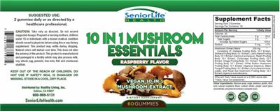 SeniorLife Health 10 in 1 Mushroom Essentials Raspberry Flavor source label used in the packaging illustration