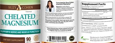 Suzy Cohen Chelated Magnesium source label used in the packaging illustration