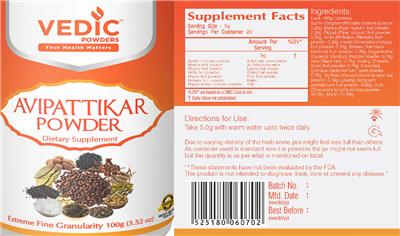 Vedic Powders Avipattikar Powder source label used in the packaging illustration