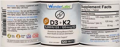 Wonder Labs D3+K2 5000 IU D3 / 120 mcg K2 source label used in the packaging illustration