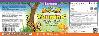 Bluebonnet Rainforest Animalz Vitamin C Orange Flavor source label used in the packaging illustration