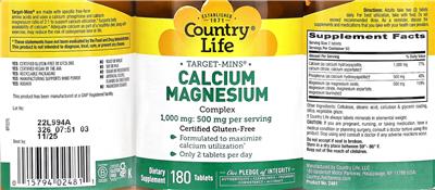 Country Life Target-Mins Calcium 1000 mg Magnesium 500 mg Complex source label used in the packaging illustration