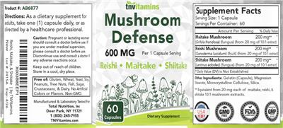 tnvitamins Mushroom Defense 600 mg source label used in the packaging illustration