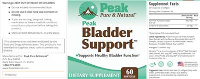 Peak Pure & Natural Peak Bladder Support source label used in the packaging illustration