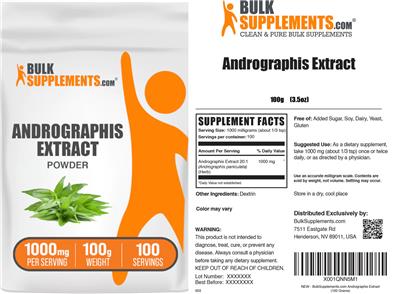 BulkSupplements.com Andrographis Extract Powder 1000 mg source label used in the packaging illustration