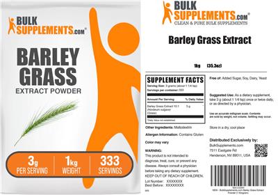 BulkSupplements.com Barley Grass Extract Powder 3 g source label used in the packaging illustration