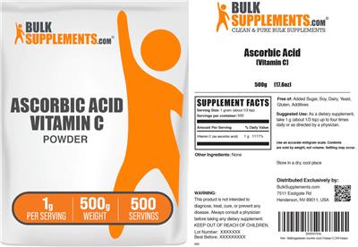 BulkSupplements.com Ascorbic Acid Vitamin C Powder 1 g source label used in the packaging illustration