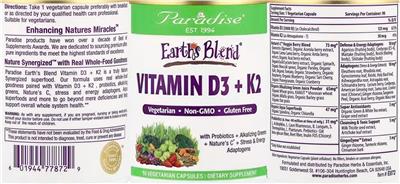 Paradise Earth's Blend Vitamin D3 + K2 source label used in the packaging illustration