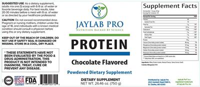 JayLab Pro Protein Chocolate Flavored source label used in the packaging illustration