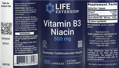 Life Extension Vitamin B3 Niacin 500 mg product packaging
