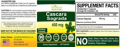 Biotech Nutritions Cascara Sagrada 450 mg source label used in the packaging illustration
