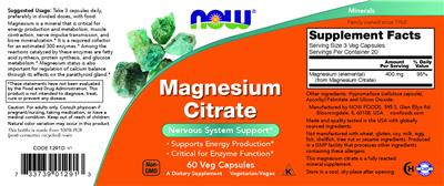 NOW Magnesium Citrate 400 mg source label used in the packaging illustration