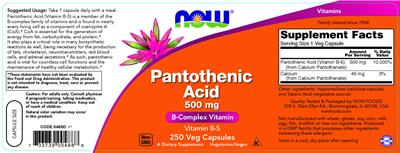 NOW Pantothenic Acid 500 mg source label used in the packaging illustration