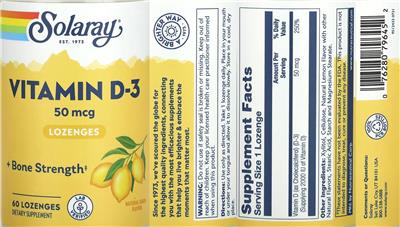 Solaray Vitamin D-3 50 mcg Lozenges Natural Lemon Flavor product packaging