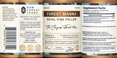 Raw Forest Foods Forest Manna Royal Pine Pollen source label used in the packaging illustration