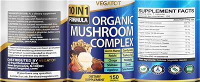 VEGATOT Organic Mushroom Complex source label used in the packaging illustration
