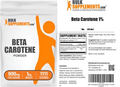 BulkSupplements.com Beta Carotene Powder 900 mg source label used in the packaging illustration