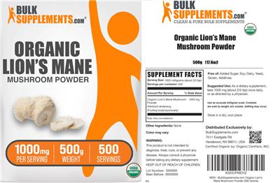 BulkSupplements.com Organic Lion's Mane Mushroom Powder 1000 mg product packaging