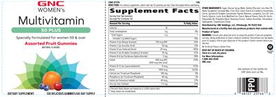 GNC Women's Multivitamin 50 Plus Assorted Fruit Gummies source label used in the packaging illustration