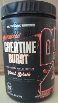NutraBio Performance Micronized Creatine Burst Island Splash Fruit Punch source label used in the packaging illustration