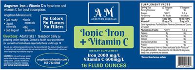 AM Angstrom Minerals Ionic Iron + Vitamin C source label used in the packaging illustration