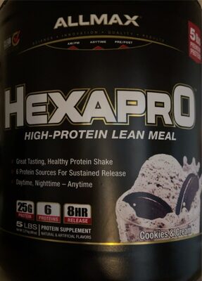ALLMAX HEXAPRO Cookies & Cream source label used in the packaging illustration