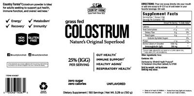 Country Farms Colostrum Unflavored source label used in the packaging illustration