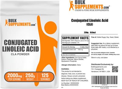 BulkSupplements.com Conjugated Linoleic Acid CLA Powder 2000 mg source label used in the packaging illustration