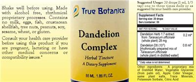 True Botanica Dandelion Complex source label used in the packaging illustration