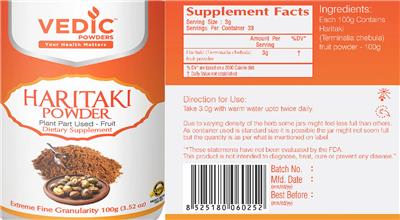 Vedic Powders Haritaki Powder source label used in the packaging illustration
